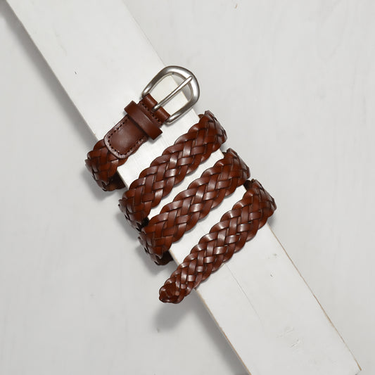 BROWN PLAITED BELT W MATT SILVER BUCKLE
