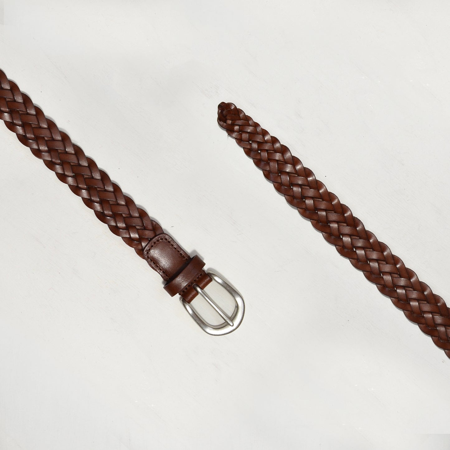 BROWN PLAITED BELT W MATT SILVER BUCKLE