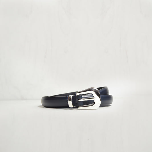 NAVY THIN BELT W POLISHED MODERN WESTERN BUCKLE