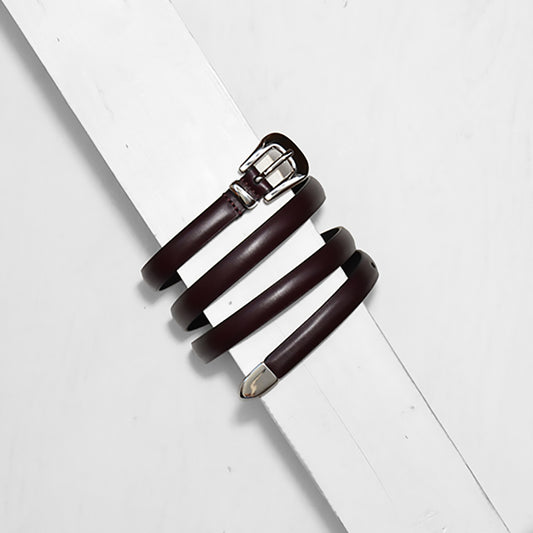 BURGUNDY THIN BELT W POLISHED MODERN WESTERN BUCKLE