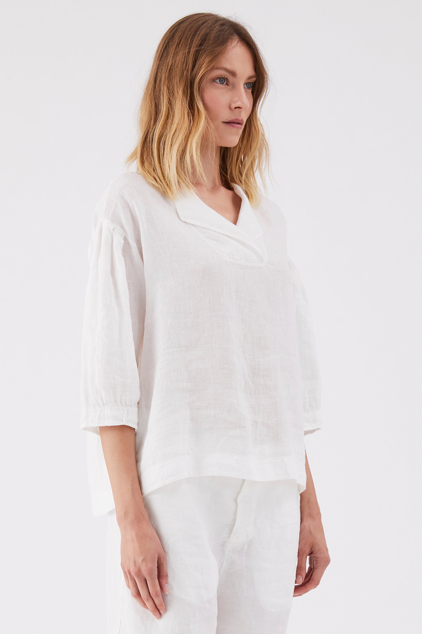 LINEN BLOUSE W 3/4 SLEEVES & SHAWL COLLAR