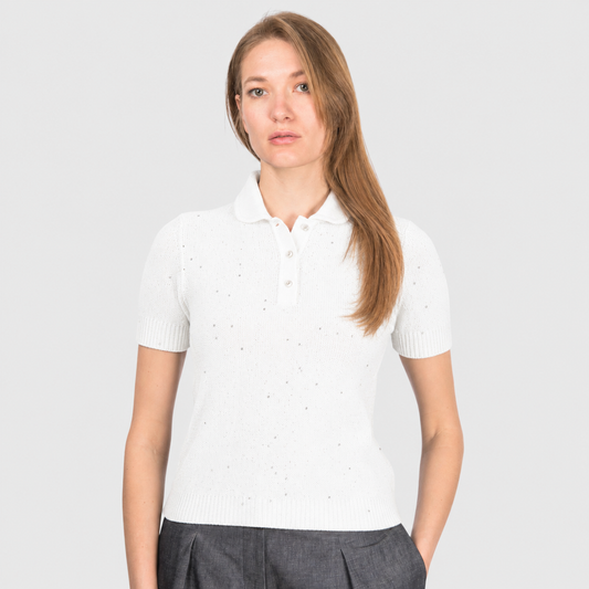 SEQUIN POLO KNIT IN OFF WHITE