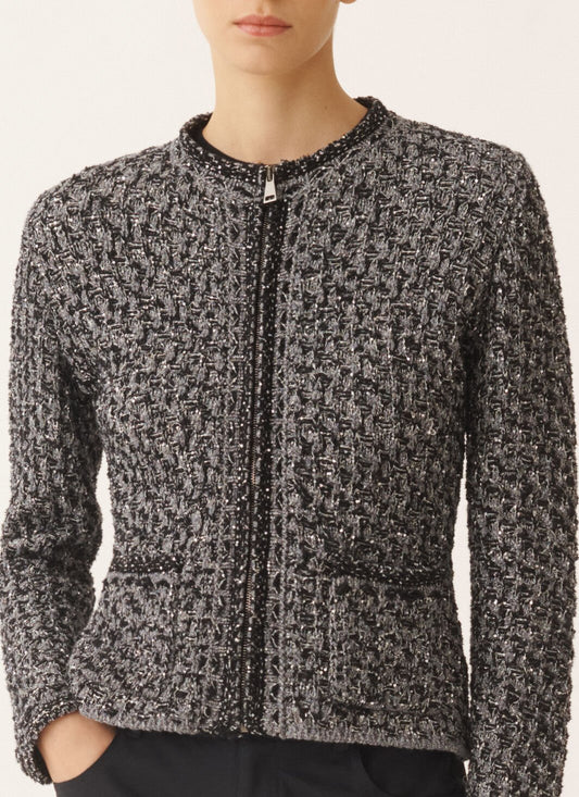 DARK BLUE SEQUIN TWEED JACKET W DENIM EFFECT