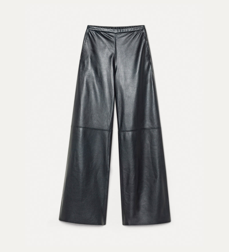 Dark Navy wide-leg faux leather pants with a gathered elastic waistband, displayed flat against a light off-white background.