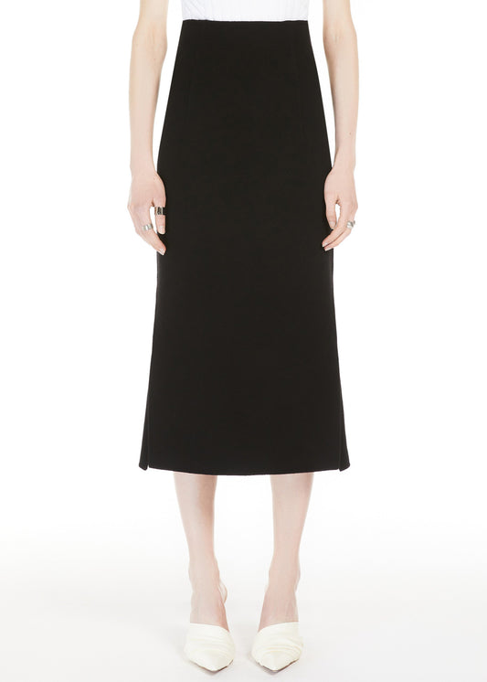 A long black skirt with a high waist, front darts, and side slits, zipper at the back, regular fit on a model.