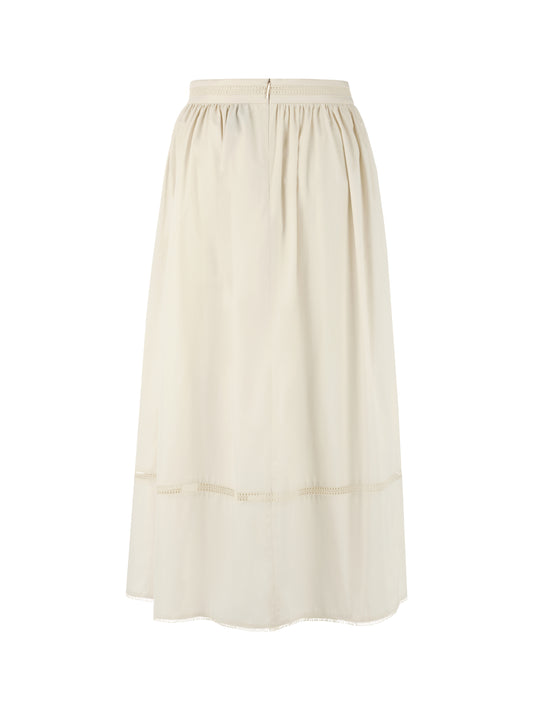An off-white midi skirt with a gathered elastic waistband and subtle horizontal ruffle details near the lower half, shown against a plain white background.
