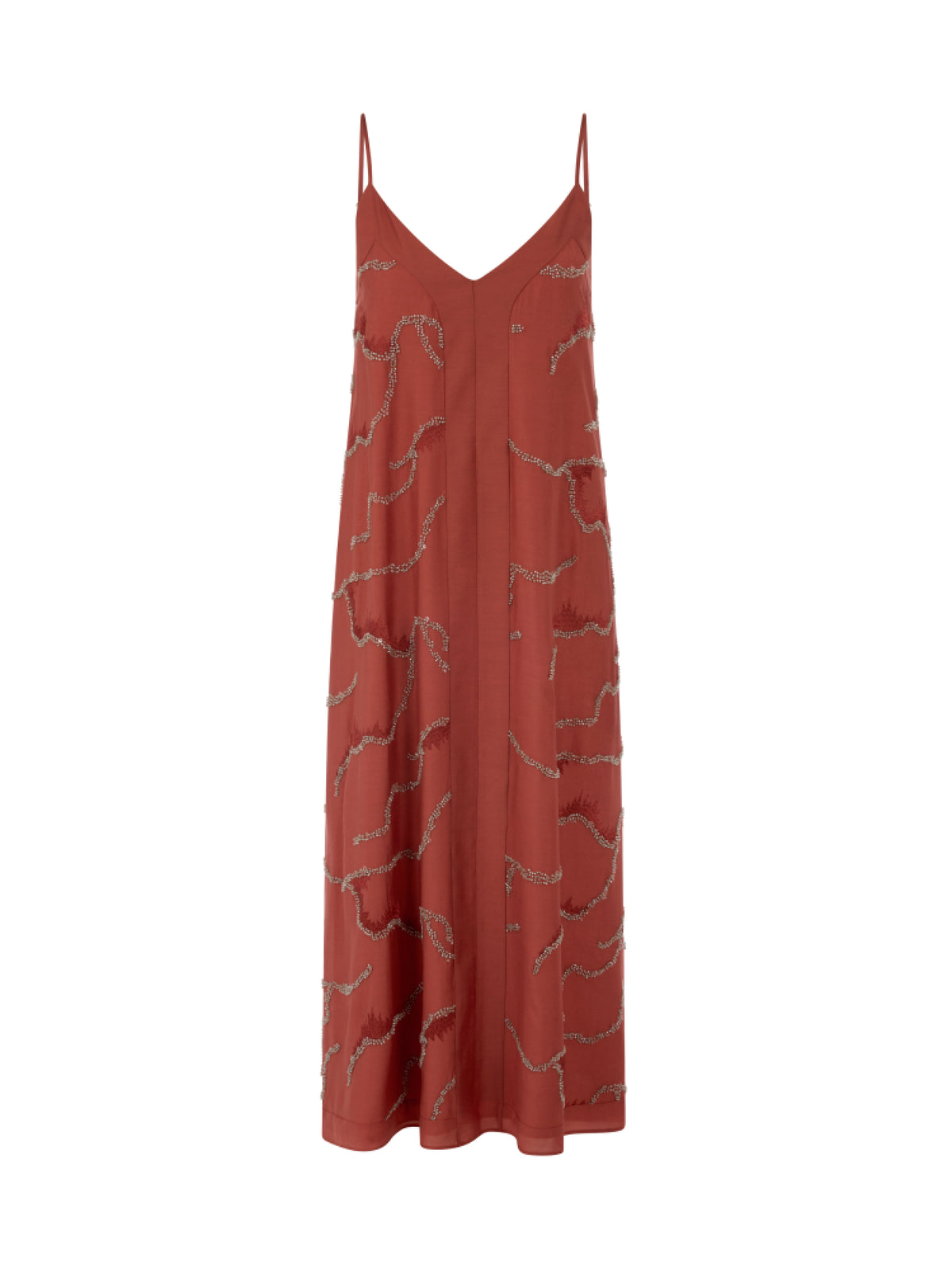 SPAGHETTI STRAP DRESS W PEARL EMBROIDERED RUSTY RED