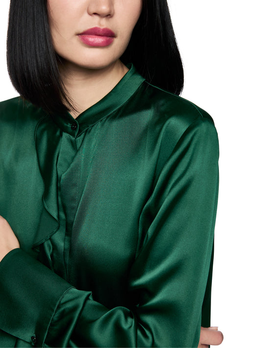 ELEGANT SILK BLOUSE W RUFFLE JADE GREEN