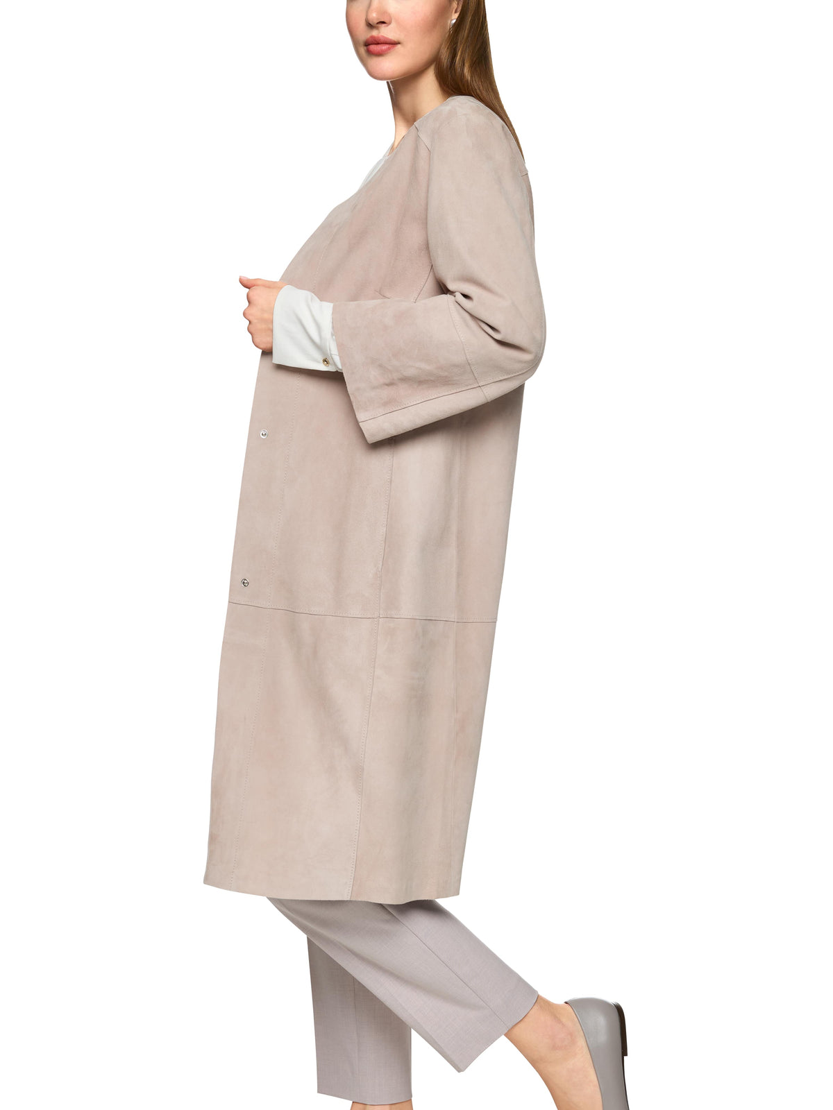 Collarless Midi Length Suede Coat at MOYA - view 9
