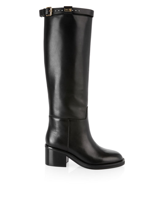 KNEE HIGH BLOCK HEEL BOOT W RIDING STRAP