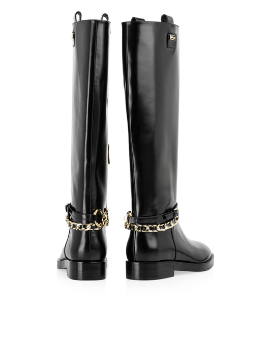 BLACK FLAT LEATHER RIDING BOOT W CHAIN