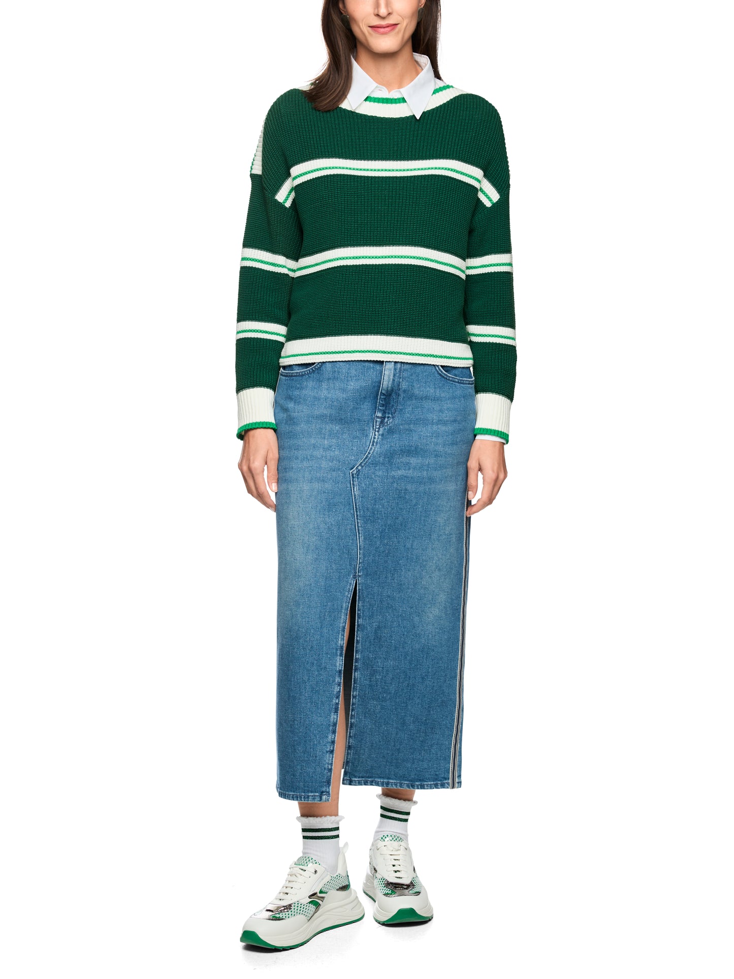 Cotton Blend Stripe Knit In Dark Jade Green by Marc Cain - view 7