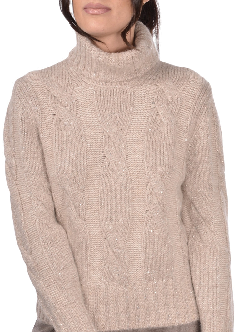 VANISE CABLE TURTLENECK CASHMERE & ALPACA W MIRCO SEQUINS