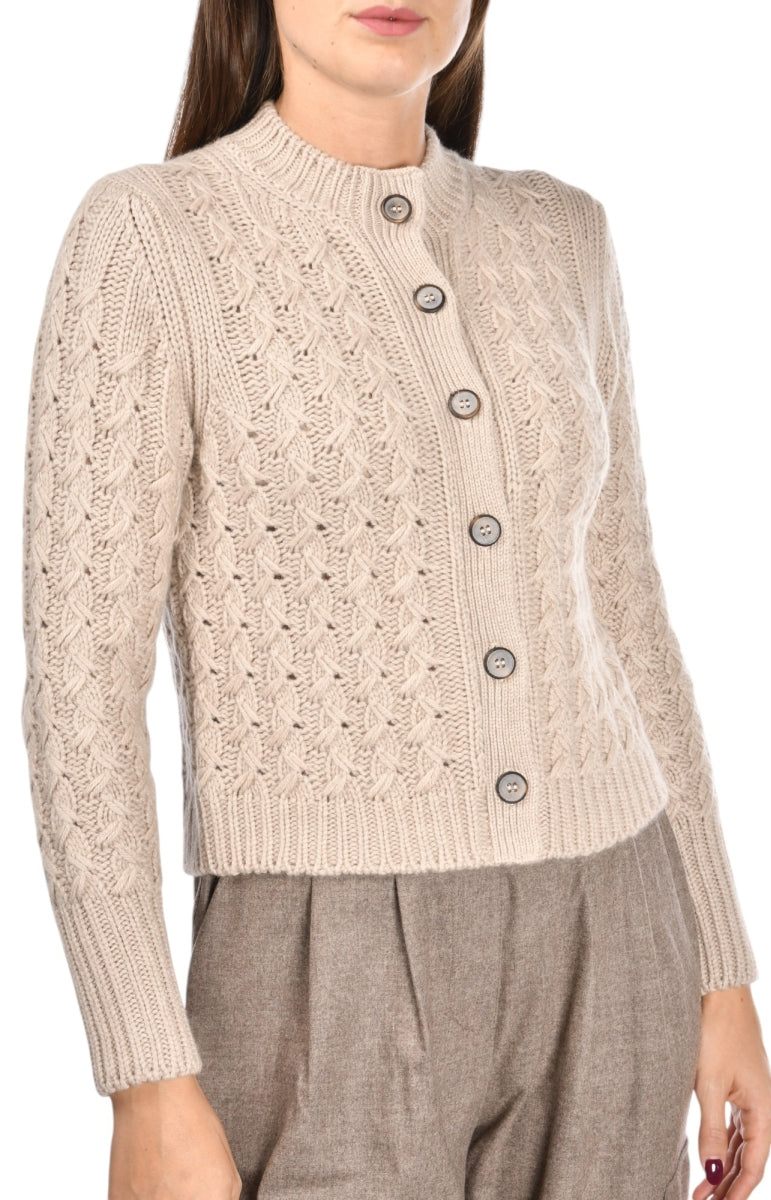 CASHMERE CABLE KNIT MANDARIAN COLLAR CARDIGAN
