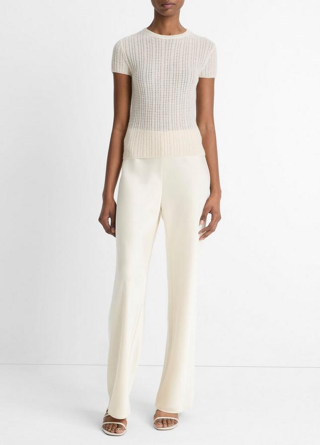 WHITE SAND WAFFLE KNIT CASHMERE & SILK S/S CREW