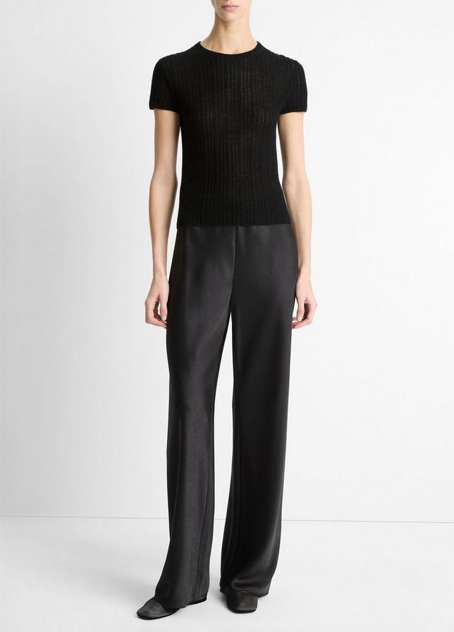 BLACK WAFFLE KNIT CASHMERE & SILK S/S CREW