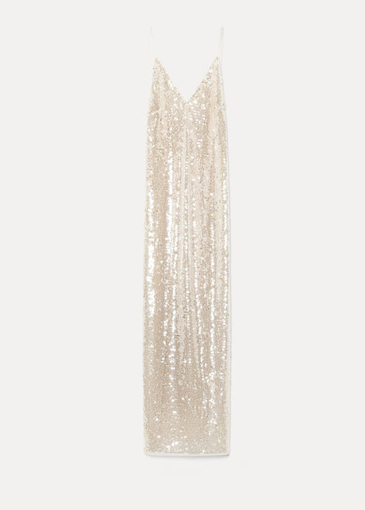Cystal sequin dress with diamond-shaped elements on a white background