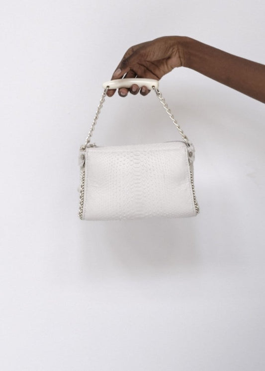 "JO" WHITE PYTHON W WHITE HORN HANDBAG