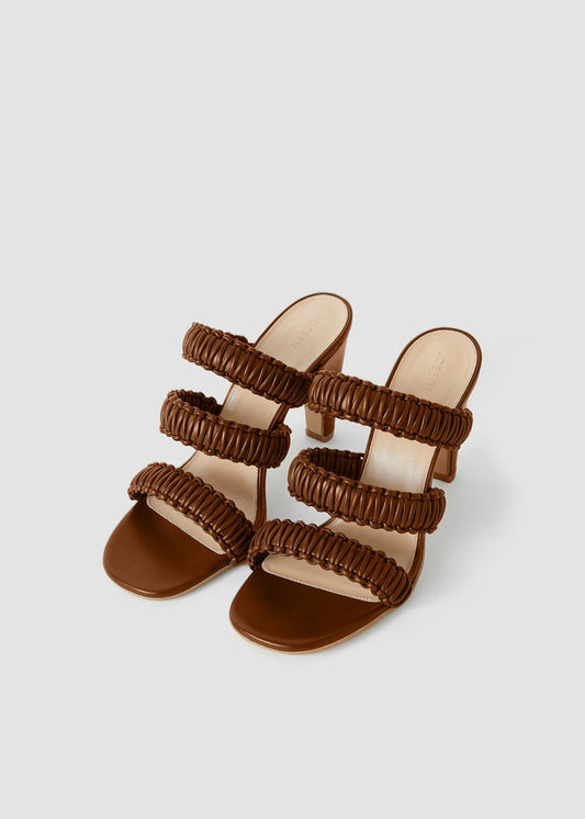 Brown strappy sandals on a light gray background