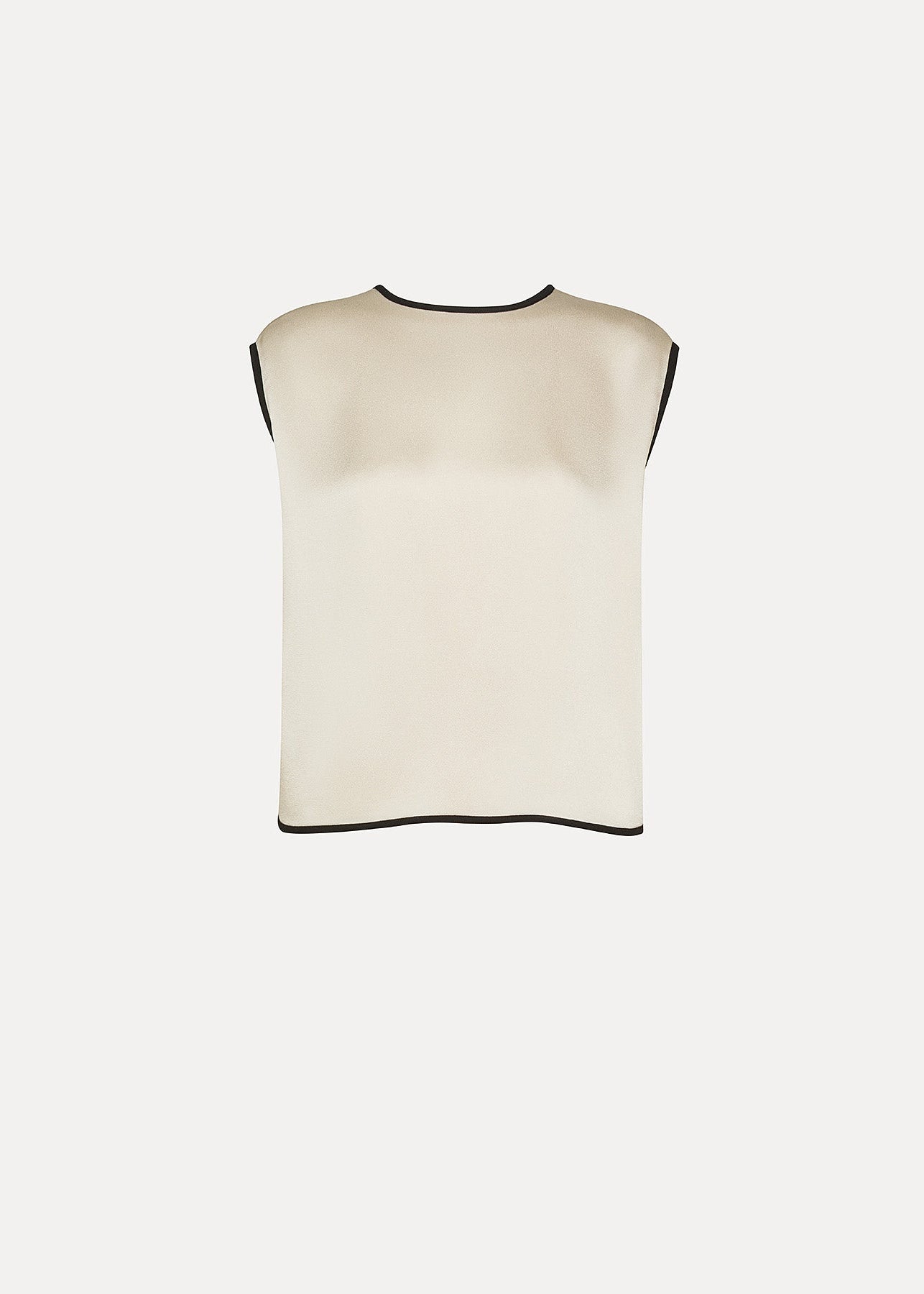 White sleeveless top with black trim on a white background