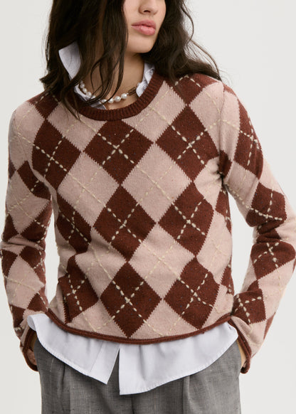 Johanna Knit Sweater In Spiced Berry Argyle by By Malene Birger - view 1