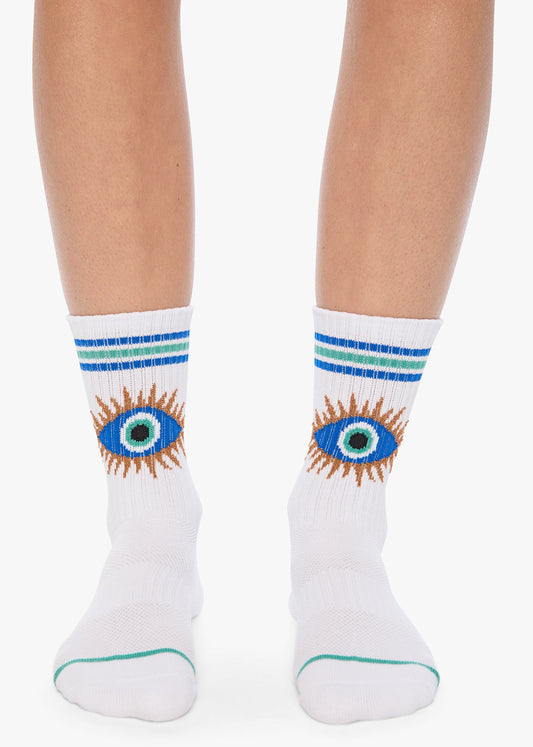 MOTHER Baby Steps Socks in Cosmic Eye worn on foot, front view