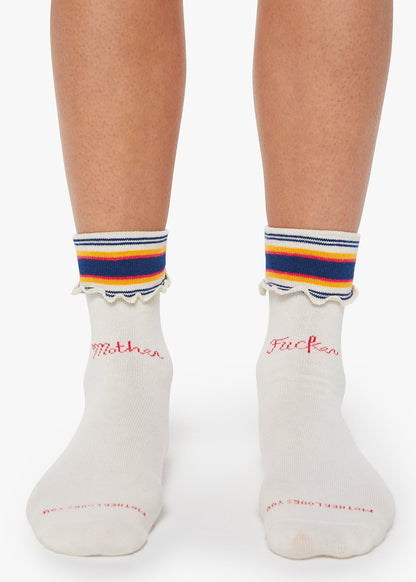 White socks with colorful stripes and text on a white background