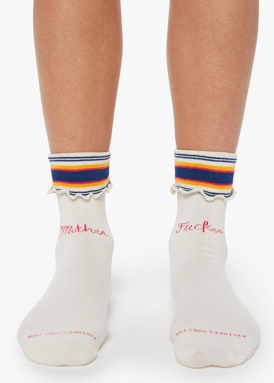 White socks with colorful stripes and text on a white background
