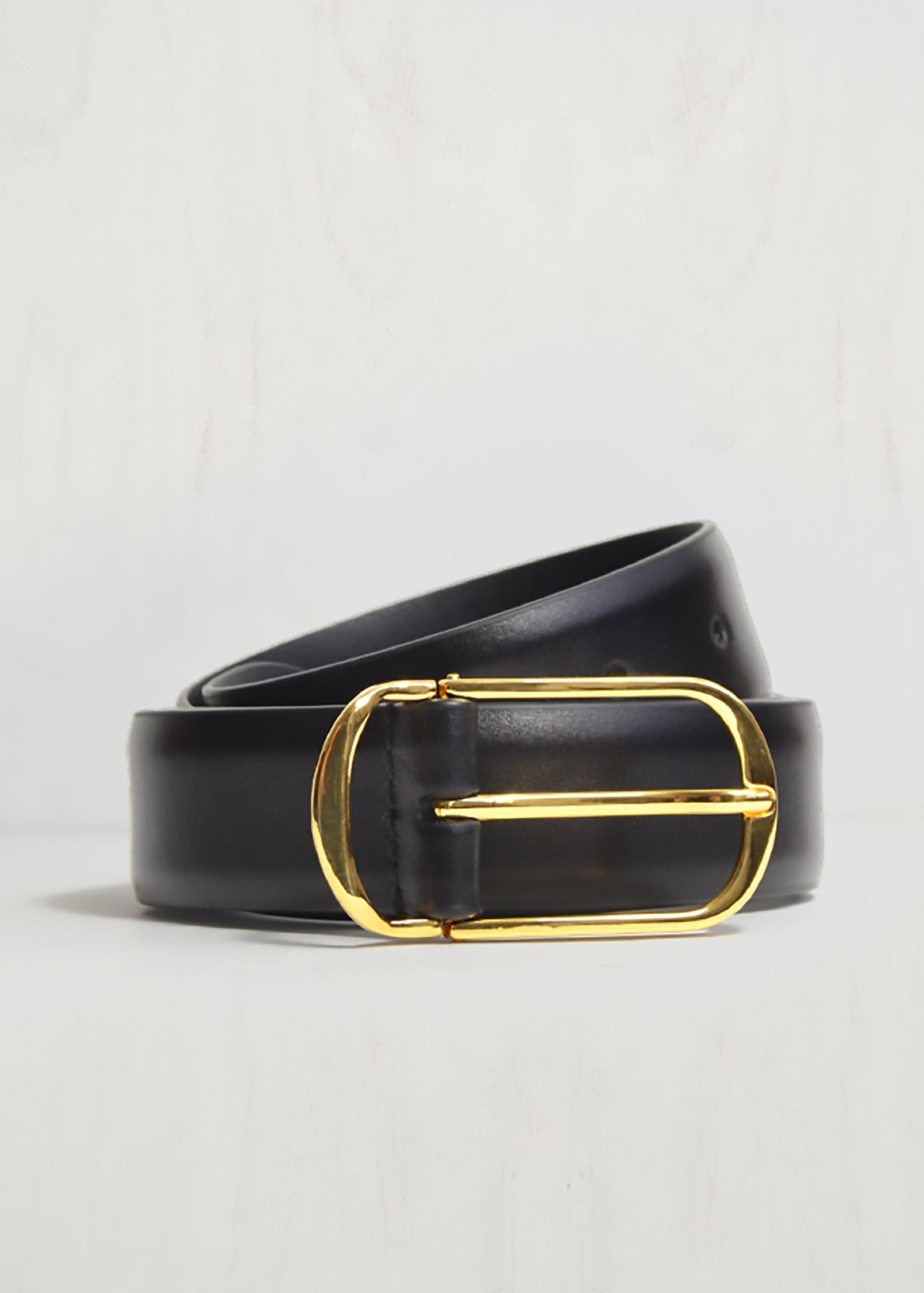 Black belt with a gold buckle on a light gray background
