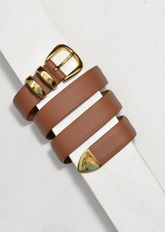 Brown leather belt with gold buckle on a white background
