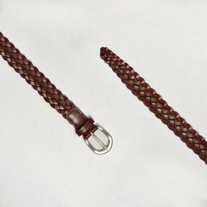 BROWN PLAITED BELT W MATT SILVER BUCKLE