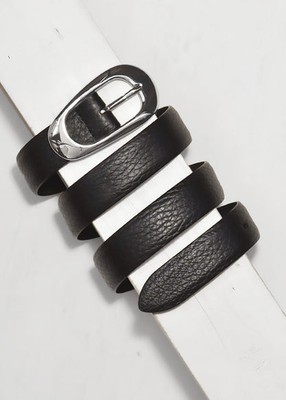 Black leather belt with a silver buckle on a white background
