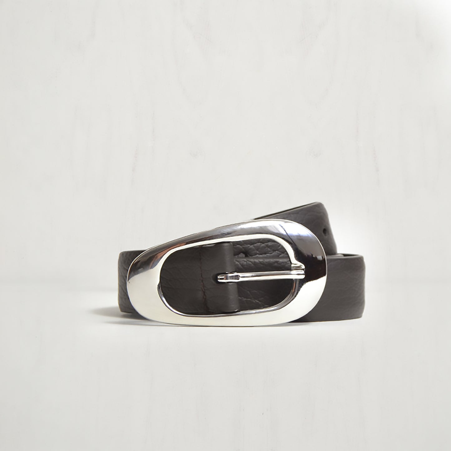 CHOCOLATE BELT W IRREGULAR SILVER OVAL BUCKLE W PEBBLE EMBOSSED LEATHER