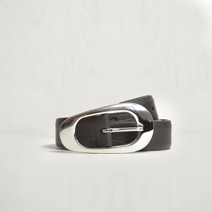 CHOCOLATE BELT W IRREGULAR SILVER OVAL BUCKLE W PEBBLE EMBOSSED LEATHER
