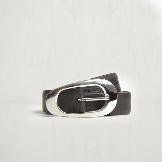 CHOCOLATE BELT W IRREGULAR SILVER OVAL BUCKLE W PEBBLE EMBOSSED LEATHER