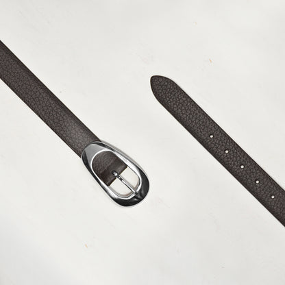 CHOCOLATE BELT W IRREGULAR SILVER OVAL BUCKLE W PEBBLE EMBOSSED LEATHER