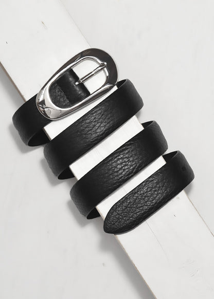Black leather belt with silver buckle on a white background