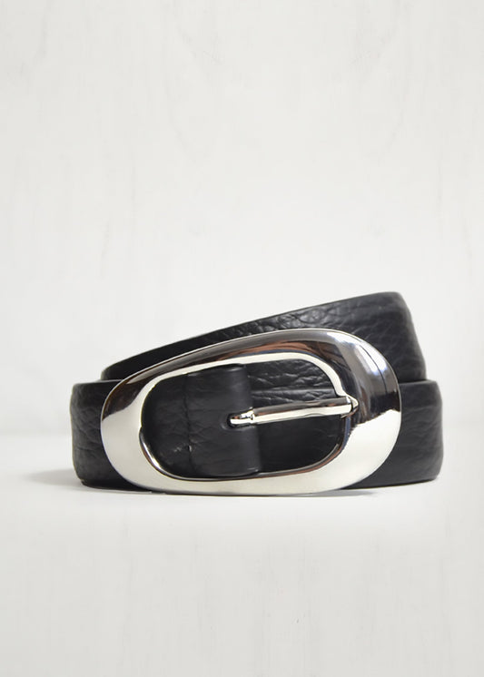 Black leather belt with a silver buckle on a light gray background