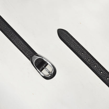 BLACK BELT W IRREGULAR SILVER OVAL BUCKLE W PEBBLE EMBOSSED LEATHER