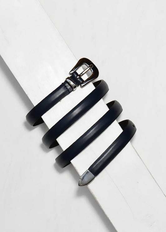 NAVY THIN BELT W POLISHED MODERN WESTERN BUCKLE