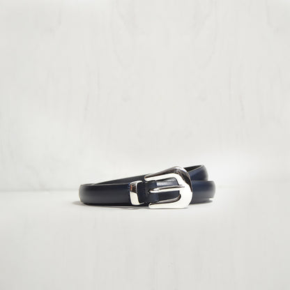 NAVY THIN BELT W POLISHED MODERN WESTERN BUCKLE