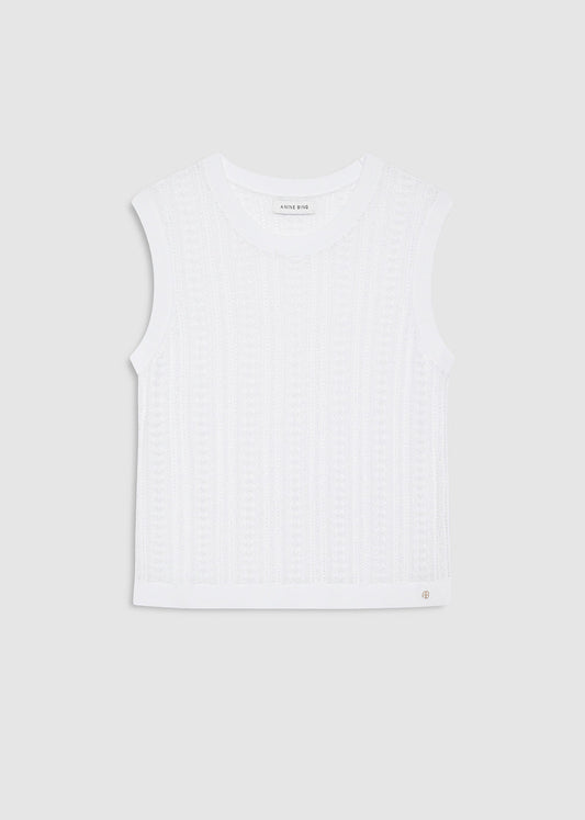 A white sleeveless knit top with a textured vertical pattern, displayed flat against a light gray background.