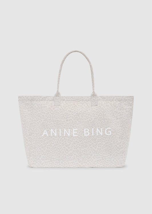 Light gray tote bag with 'ANINE BING' branding on a white background