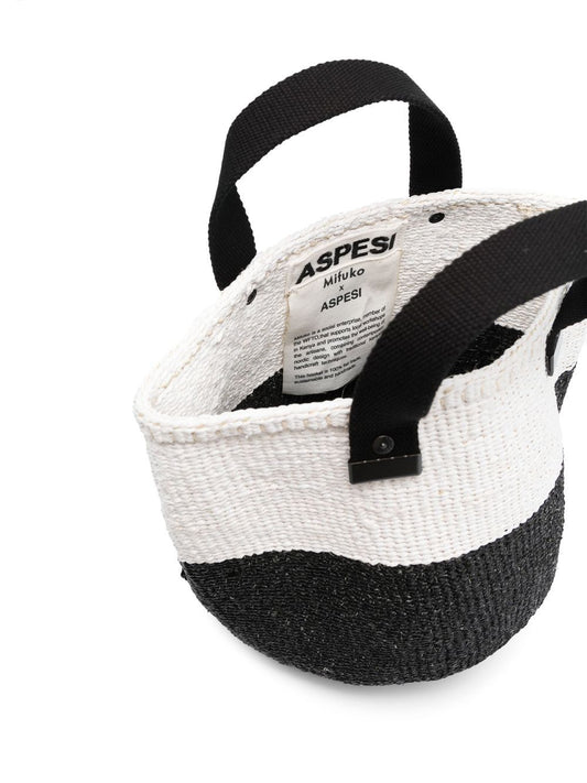 Two-tone woven-raffia tote bag