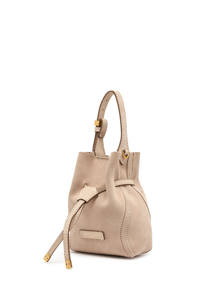 Beige handbag with drawstring on a white background