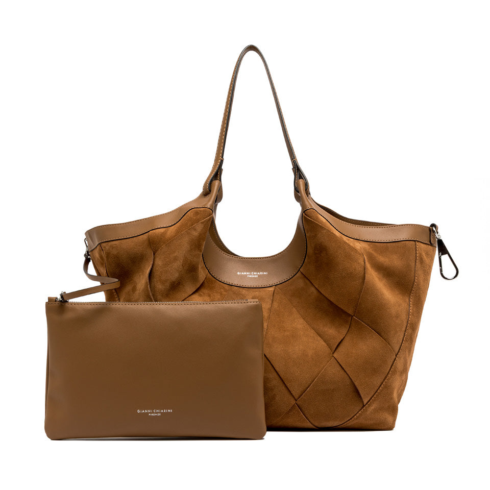 DUA SUEDE GEOMETRIC WEAVE PATTERN CARAMEL HANDBAG