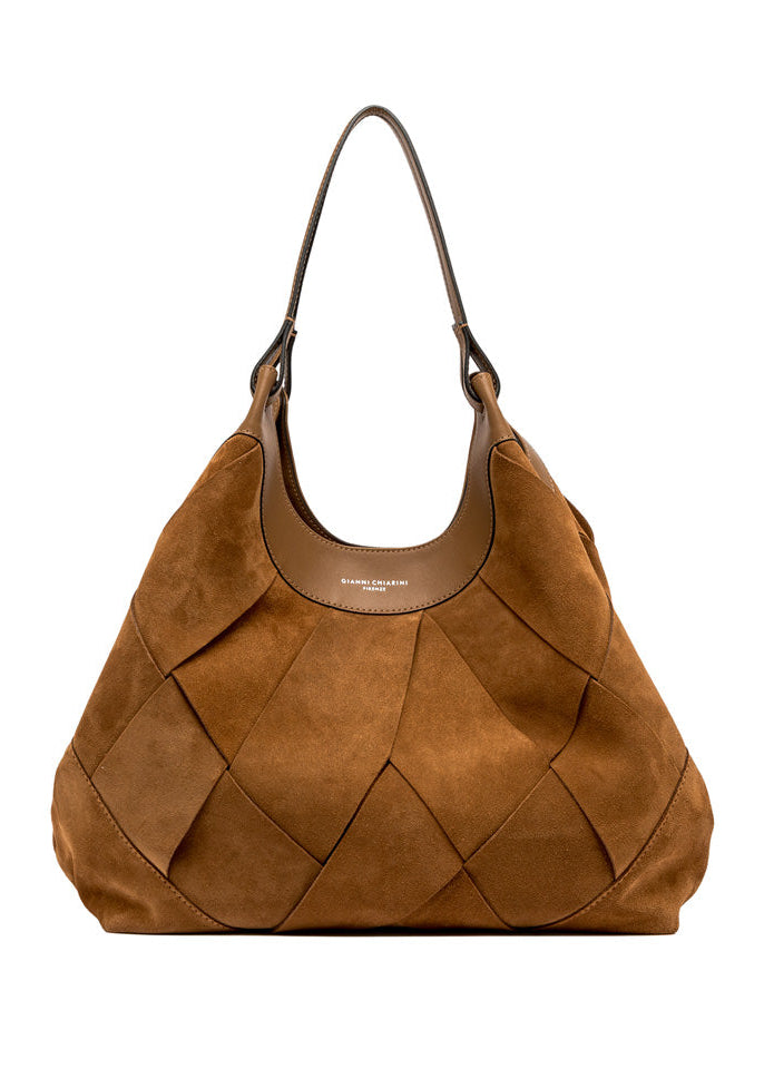 Brown woven handbag on a white background