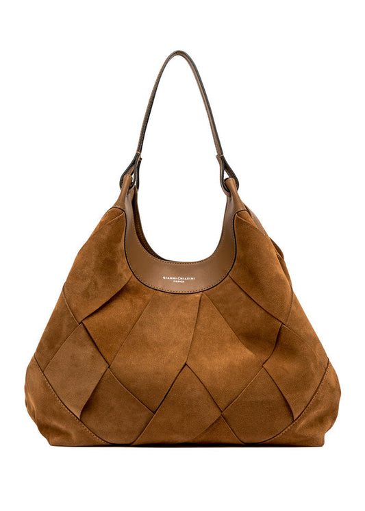 Brown woven handbag on a white background
