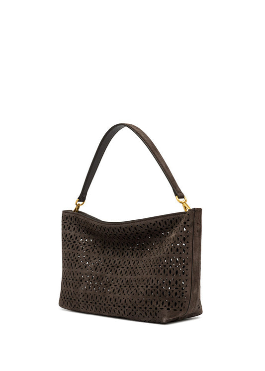 Brown handbag with gold accents on a white background