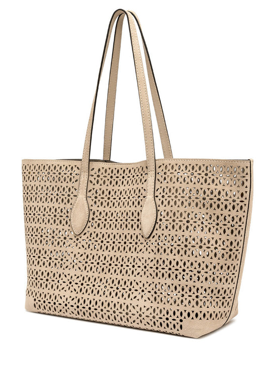 Beige perforated tote bag with leather handles on a white background